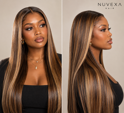 Goldie – Brown & Gold Highlighted Glueless Lace Wig | 100% Human Hair