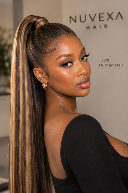 Goldie – Brown & Gold Highlighted Glueless Lace Wig | 100% Human Hair