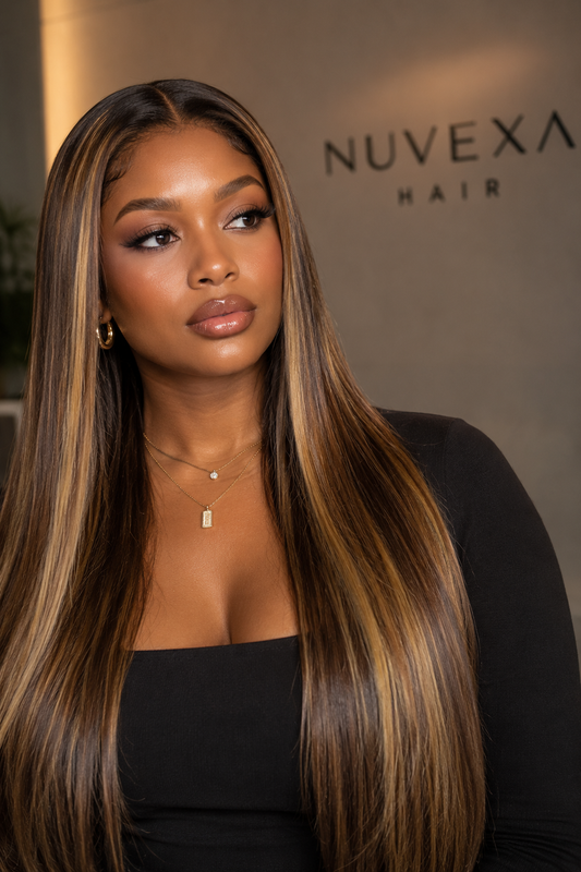 Goldie – Brown & Gold Highlighted Glueless Lace Wig | 100% Human Hair